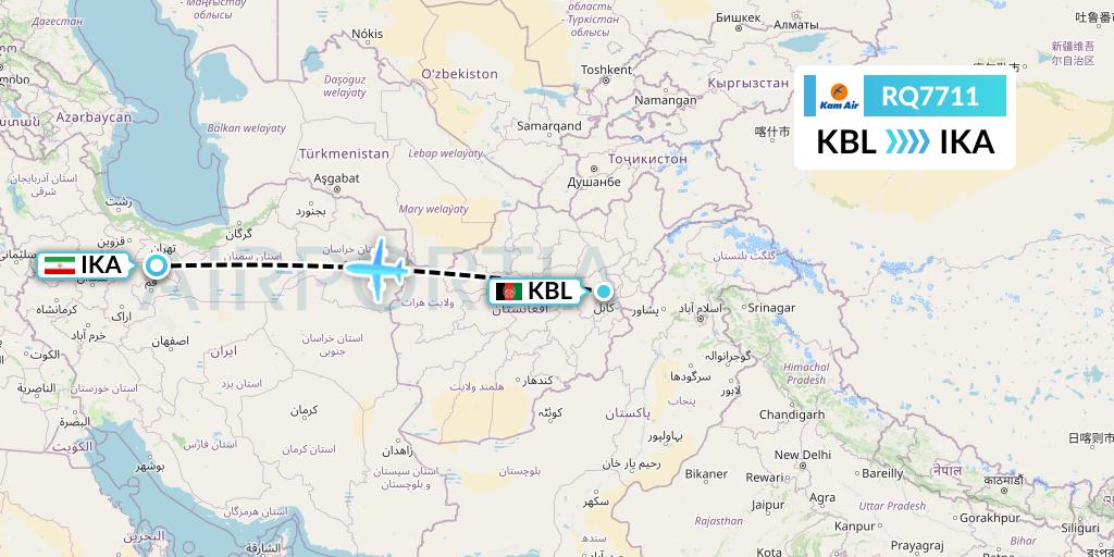 RQ7711 Kam Air Flight Map: Kabul to Tehran