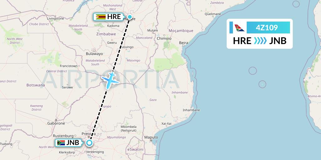 4Z109 Airlink Flight Map: Harare to Johannesburg