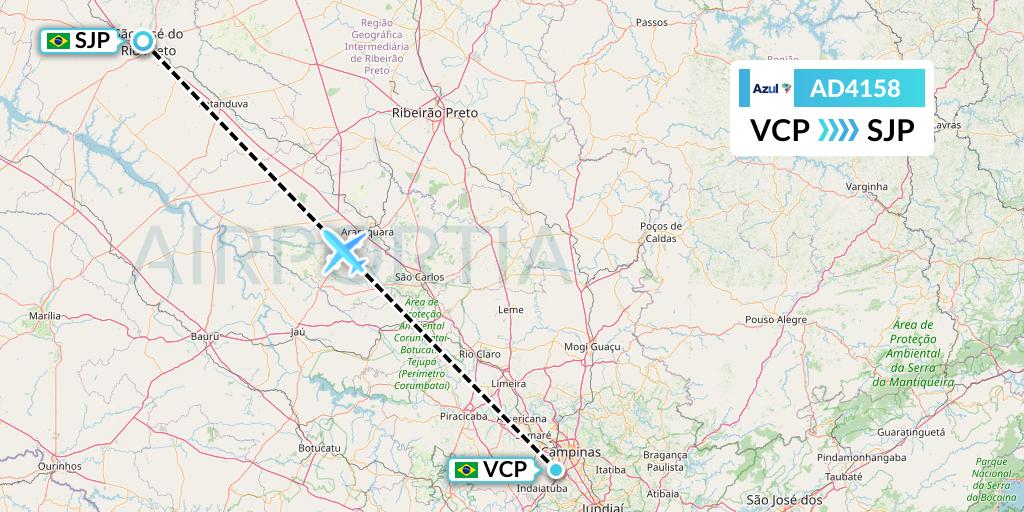 AD4158 Azul Brazilian Airlines Flight Map: Campinas to Sao Jose Do Rio Preto