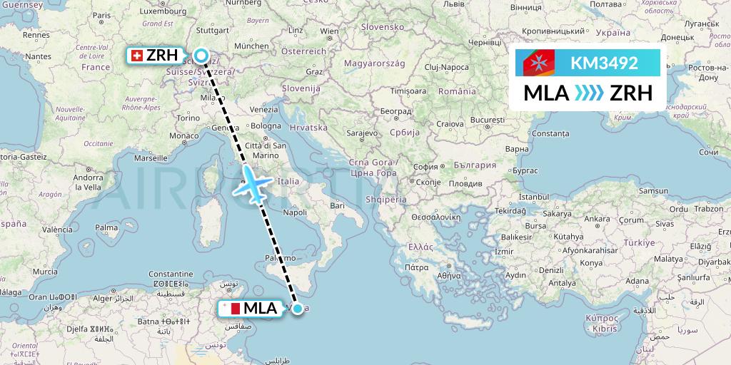 KM3492 Air Malta Flight Map: Malta to Zurich