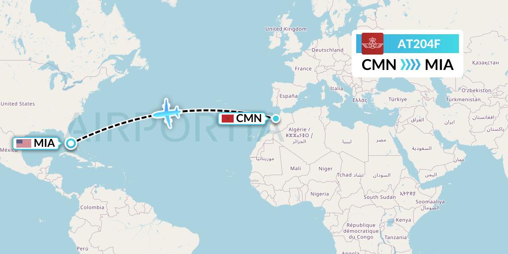 AT204F Royal Air Maroc Flight Map: Casablanca to Miami