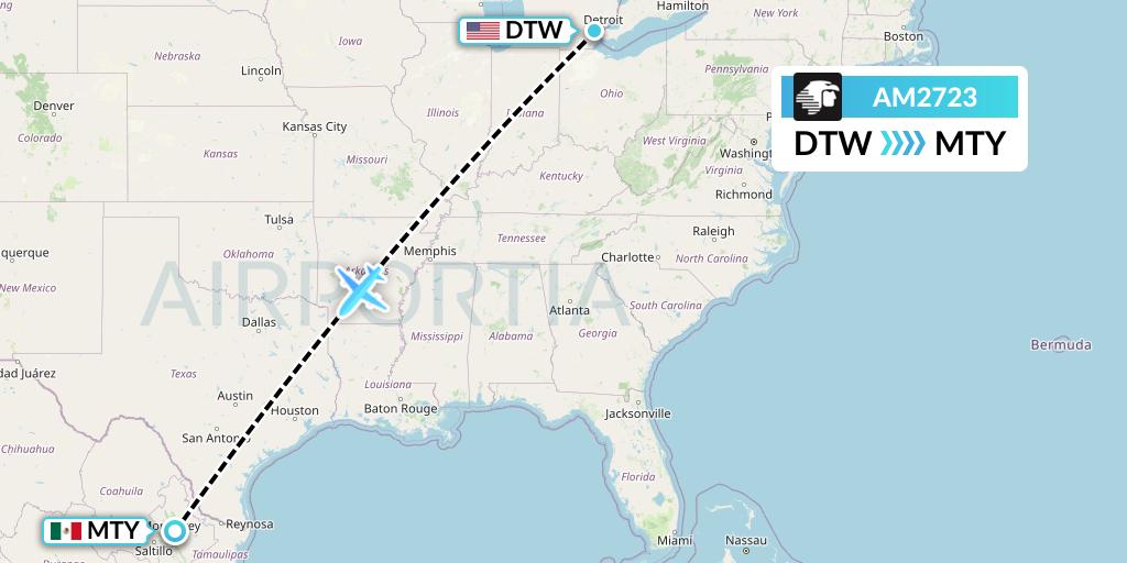AM2723 Aeromexico Flight Map: Detroit to Monterrey