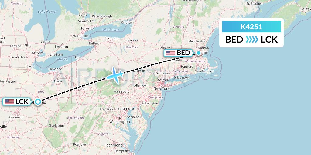 K4251 Kalitta Air Flight Map: Bedford to Columbus