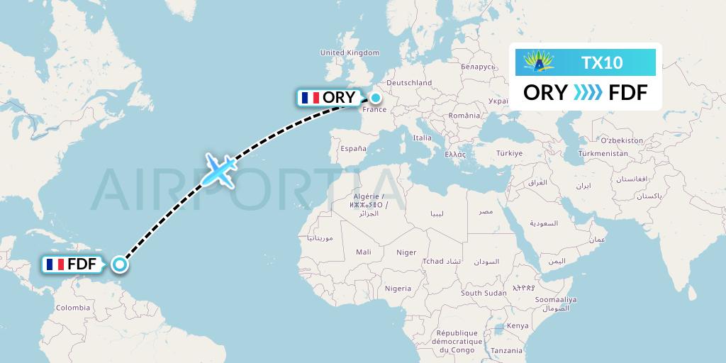 TX10 Air Caraibes Flight Map: Paris to Fort-de-France