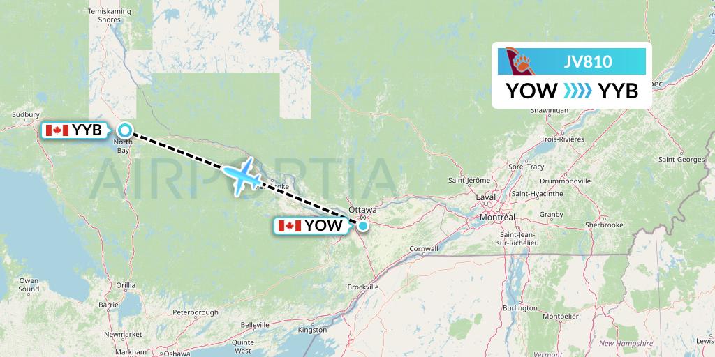 JV810 Bearskin Airlines Flight Map: Ottawa to North Bay