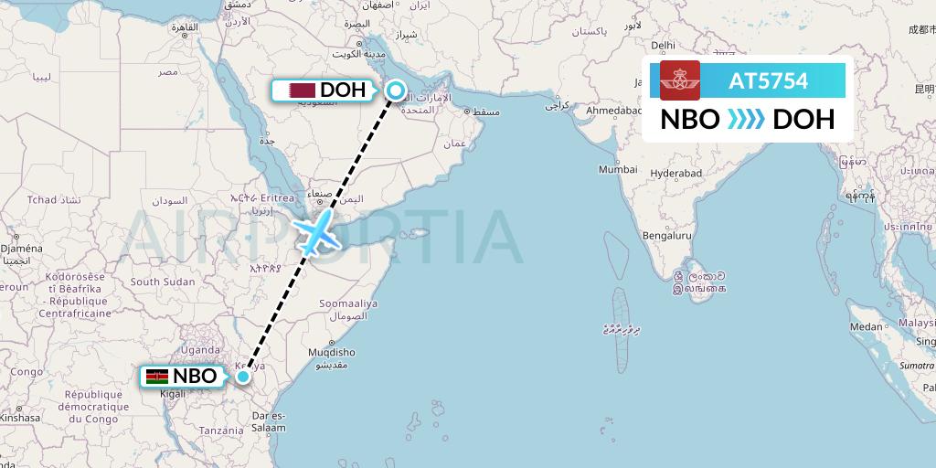 AT5754 Royal Air Maroc Flight Map: Nairobi to Doha