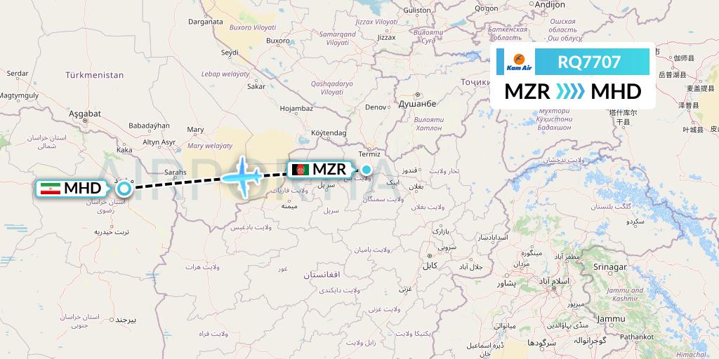 RQ7707 Kam Air Flight Map: Mazar-I-Sharif to Mashhad