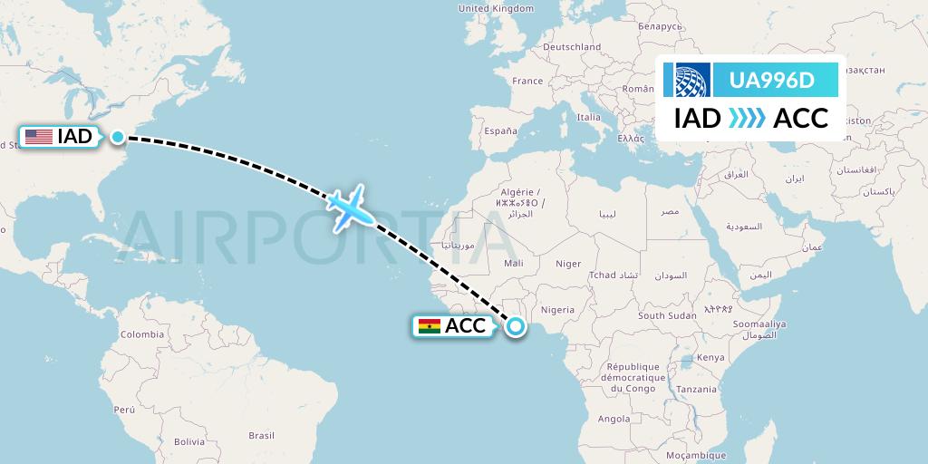 UA996D United Airlines Flight Map: Washington to Accra