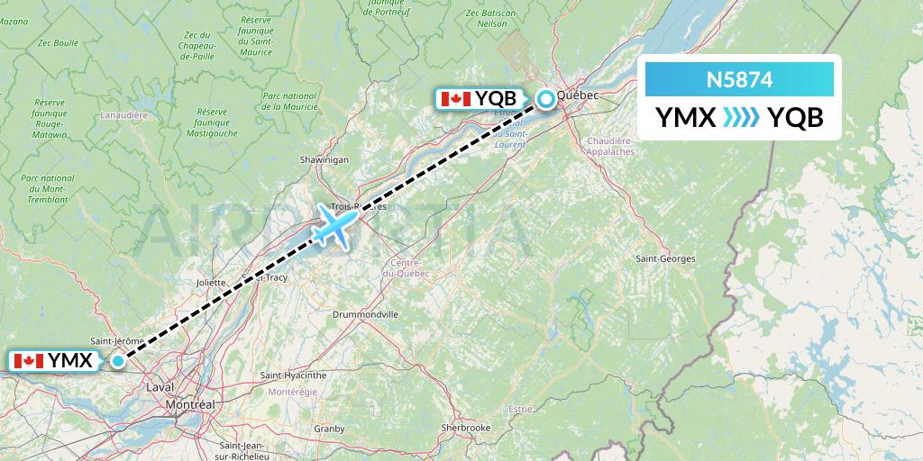 N5874 Nolinor Aviation Flight Map: Montreal to Quebec