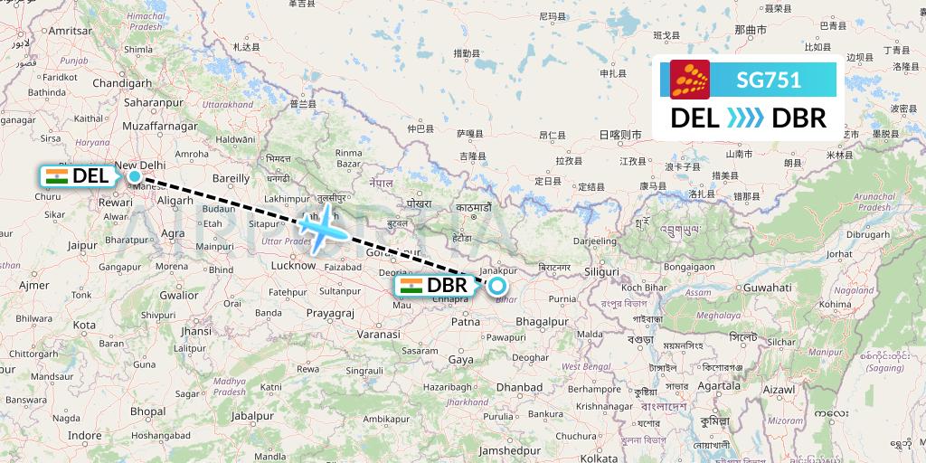 SG751 SpiceJet Flight Map: Delhi to Darbhanga