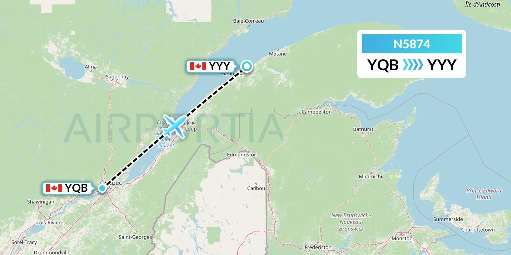 N5874 Nolinor Aviation Flight Map: Quebec to Mont-Joli