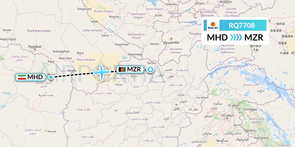 RQ7708 Kam Air Flight Map: Mashhad to Mazar-I-Sharif