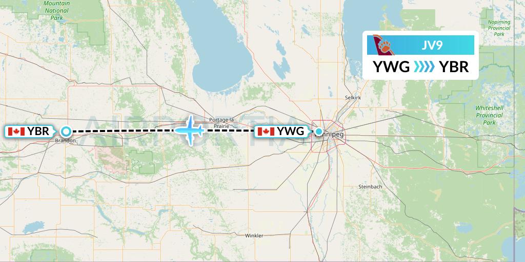 JV9 Bearskin Airlines Flight Map: Winnipeg to Brandon
