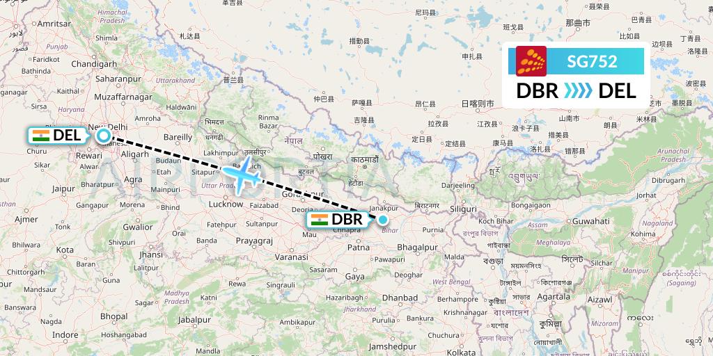 SG752 SpiceJet Flight Map: Darbhanga to Delhi