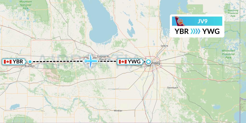 JV9 Bearskin Airlines Flight Map: Brandon to Winnipeg