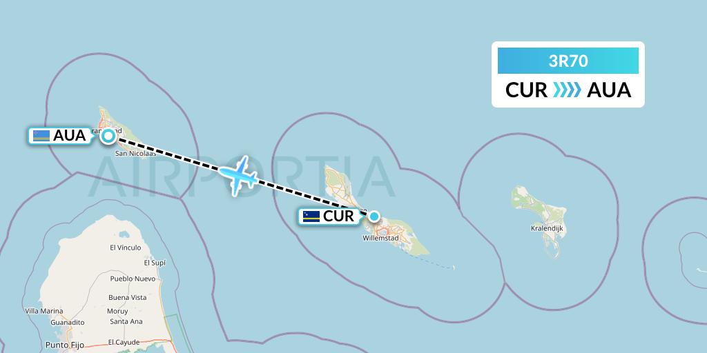 3R70 Divi Divi Air Flight Map: Willemstad to Oranjestad