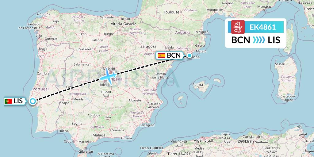 EK4861 Emirates Flight Map: Barcelona to Lisbon