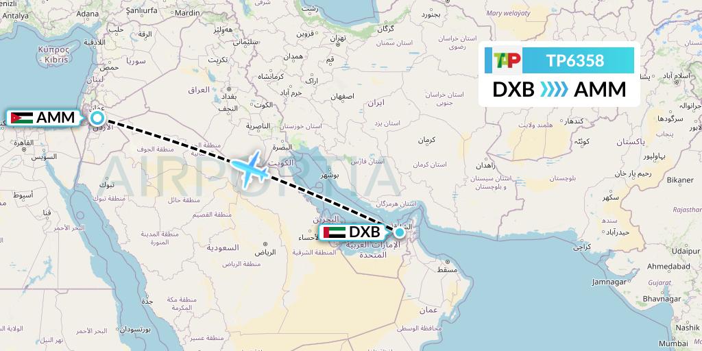 TP6358 TAP Portugal Flight Map: Dubai to Amman