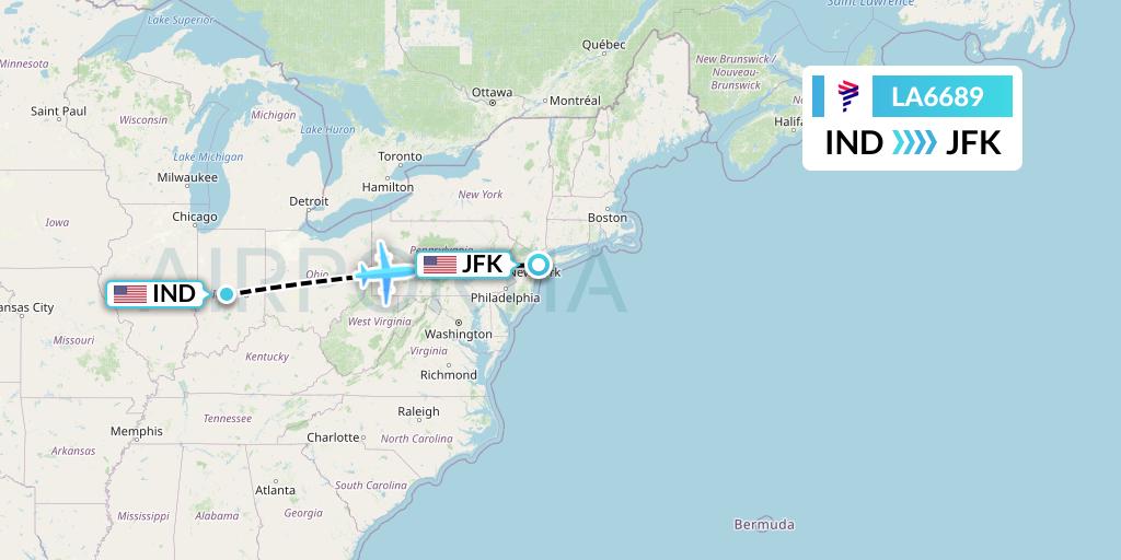 LA6689 LAN Airlines Flight Map: Indianapolis to New York