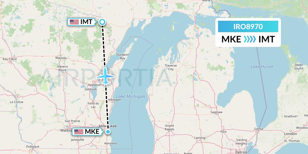 IRO8970 CSA Air Flight Map: Milwaukee to Iron Mountain Kingsford
