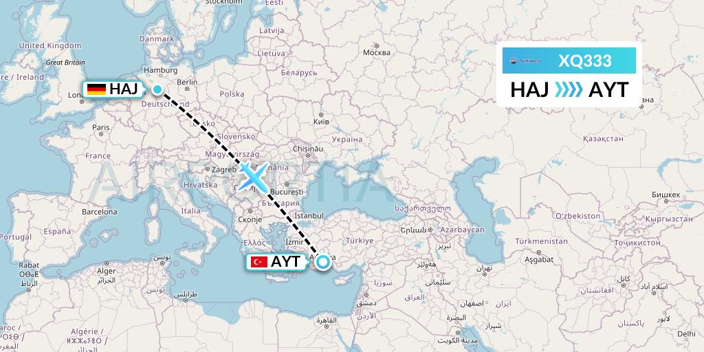 XQ333 SunExpress Flight Map: Hannover to Antalya