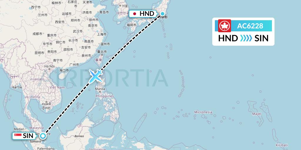 AC6228 Air Canada Flight Map: Tokyo to Singapore