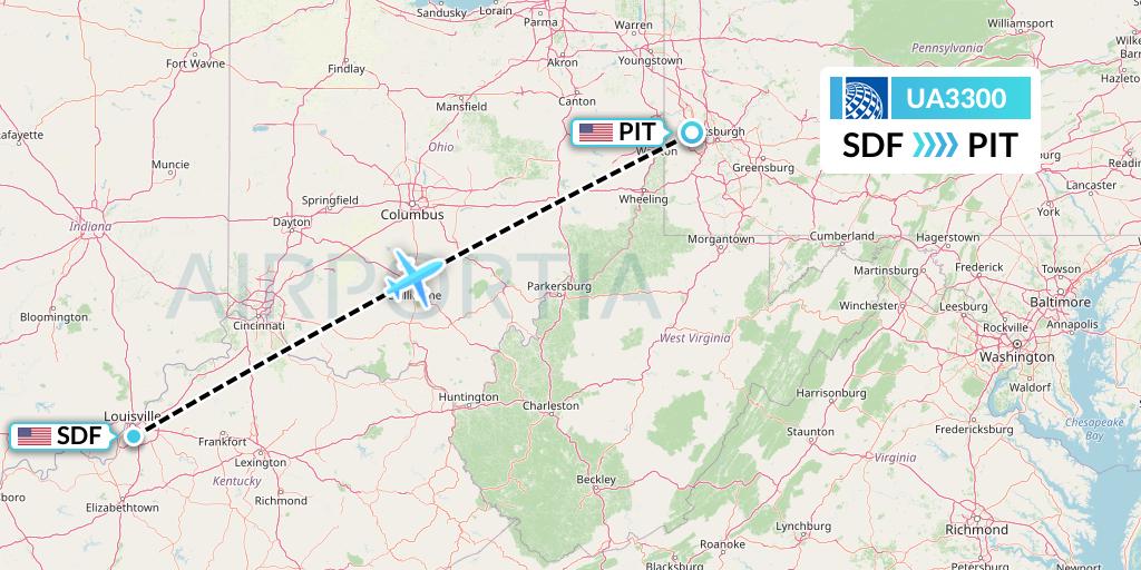 UA3300 United Airlines Flight Map: Louisville to Pittsburgh
