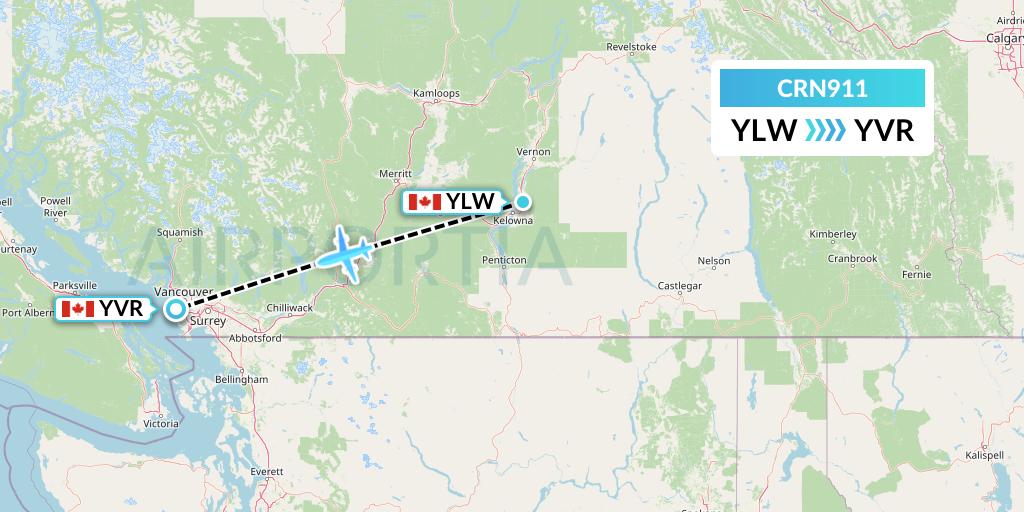 CRN911 Aerocaribbean Flight Map: Kelowna to Vancouver