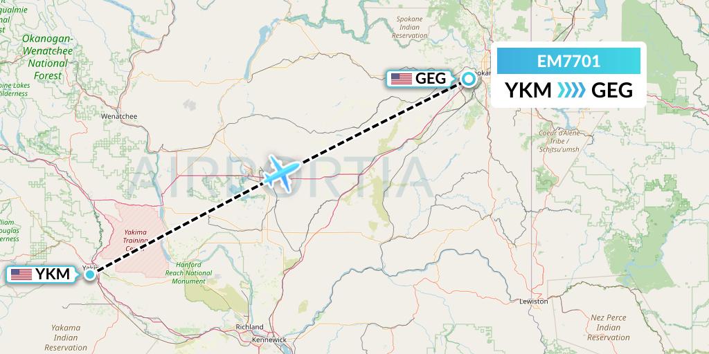 EM7701 Empire Airlines Flight Map: Yakima to Spokane