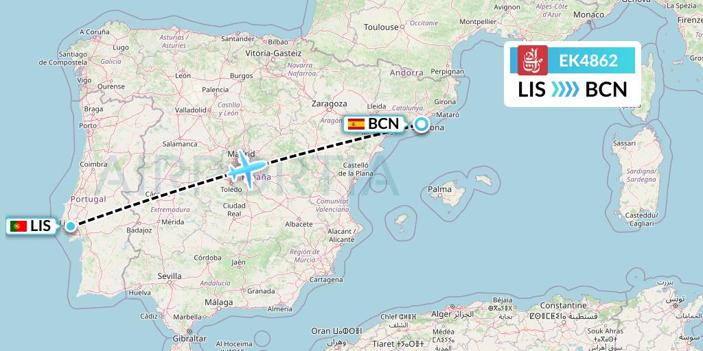 EK4862 Emirates Flight Map: Lisbon to Barcelona