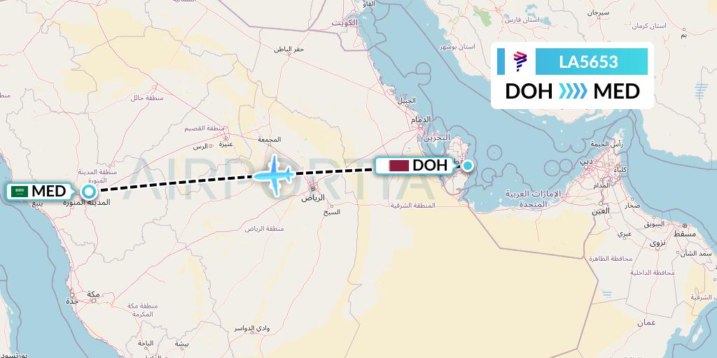 LA5653 LAN Airlines Flight Map: Doha to Medina