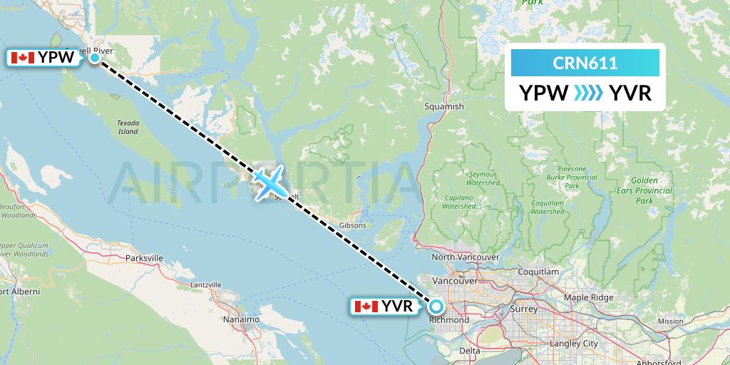 CRN611 Aerocaribbean Flight Map: Powell River to Vancouver