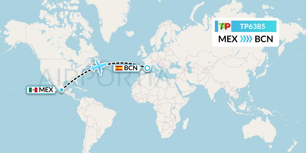 TP6385 TAP Portugal Flight Map: Mexico City to Barcelona