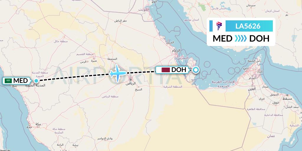 LA5626 LAN Airlines Flight Map: Medina to Doha