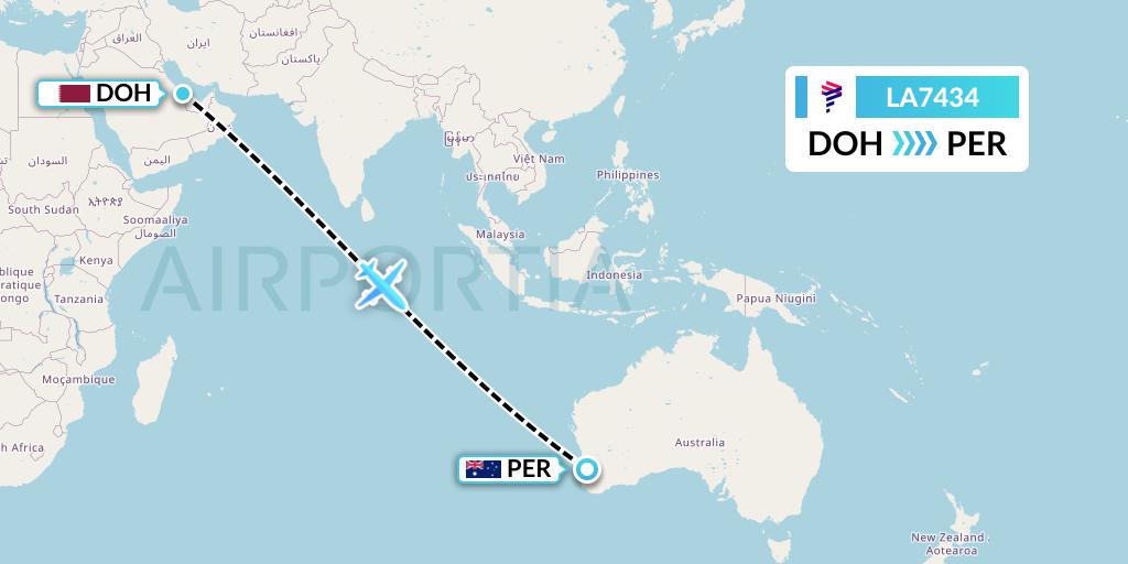 LA7434 LAN Airlines Flight Map: Doha to Perth