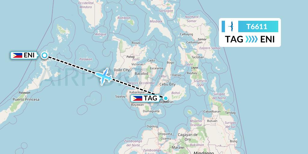 T6611 AirSWIFT Flight Map: Tagbilaran City to El Nido