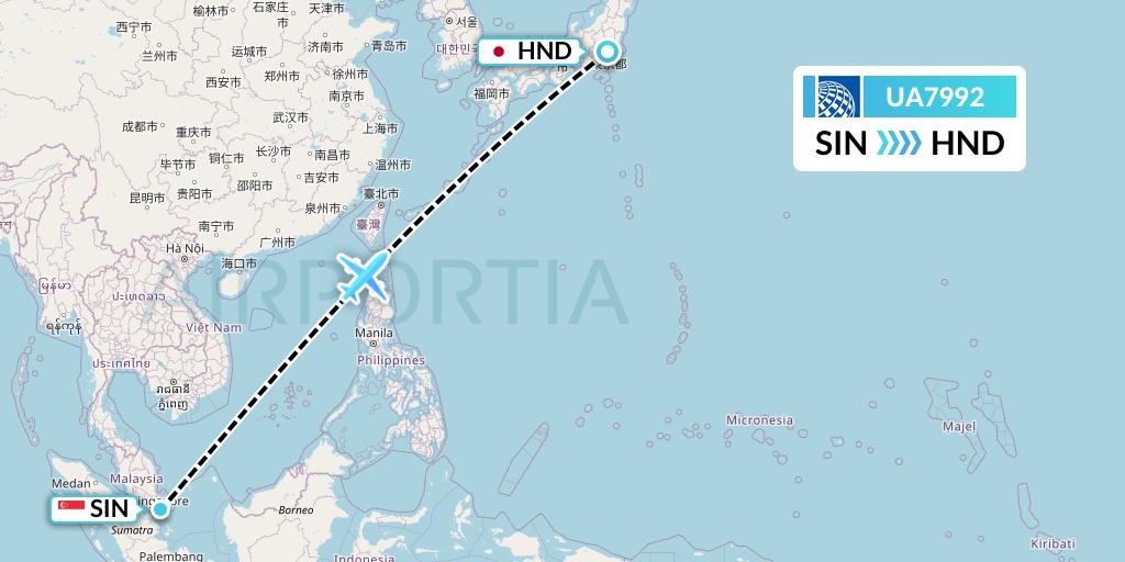 UA7992 United Airlines Flight Map: Singapore to Tokyo