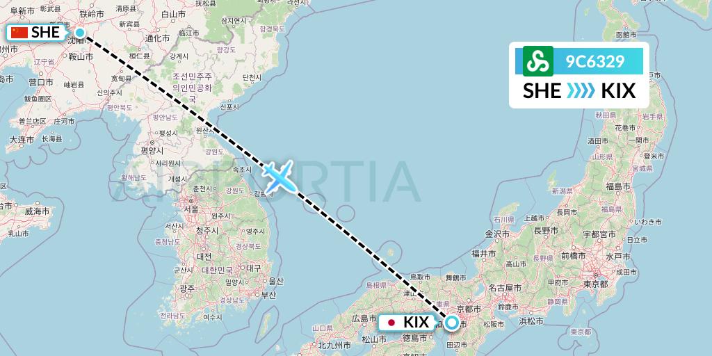 9C6329 Spring Airlines Flight Map: Shenyang to Osaka