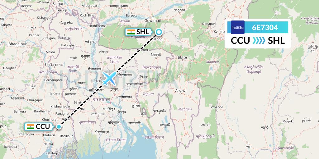 6E7304 IndiGo Airlines Flight Map: Kolkata to Shillong