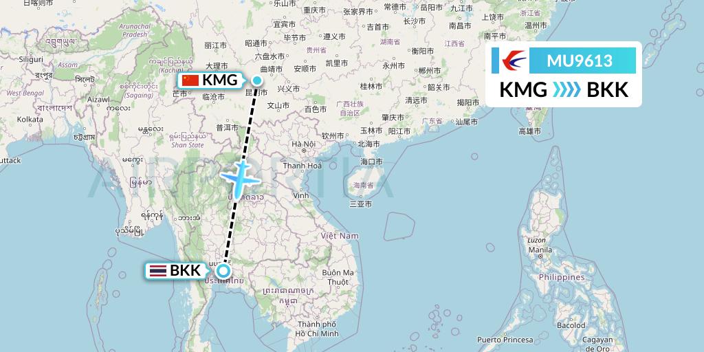MU9613 China Eastern Airlines Flight Map: Kunming to Bangkok