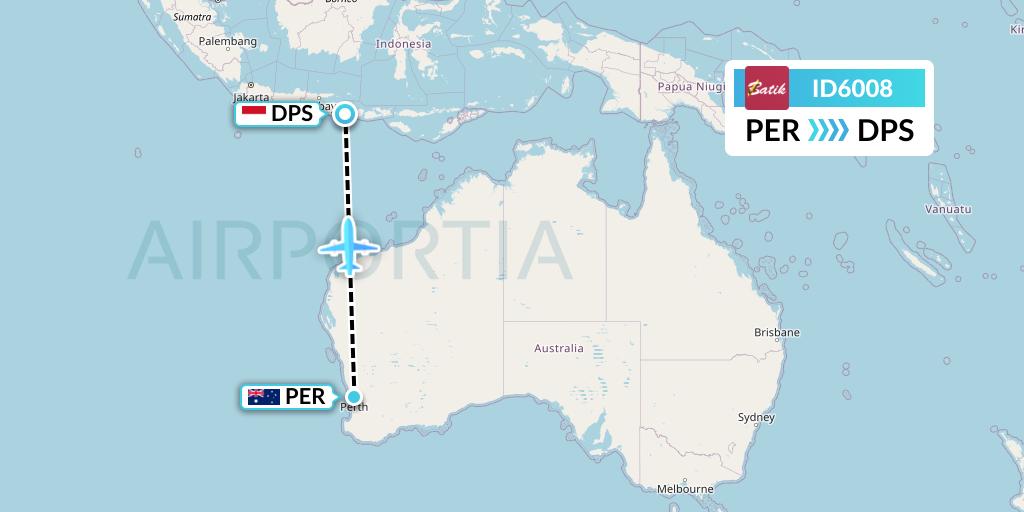 ID6008 Batik Air Flight Map: Perth to Denpasar