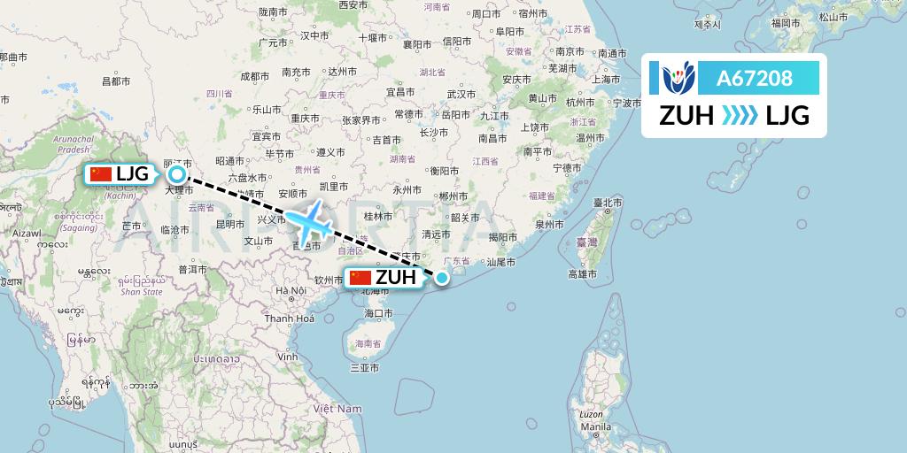 A67208 Hongtu Airlines Flight Map: Zhuhai to Lijiang