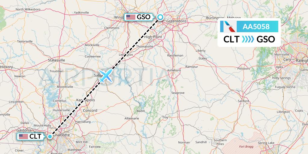 AA5058 American Airlines Flight Map: Charlotte to Greensboro