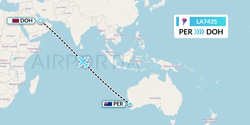 LA7435 LAN Airlines Flight Map: Perth to Doha