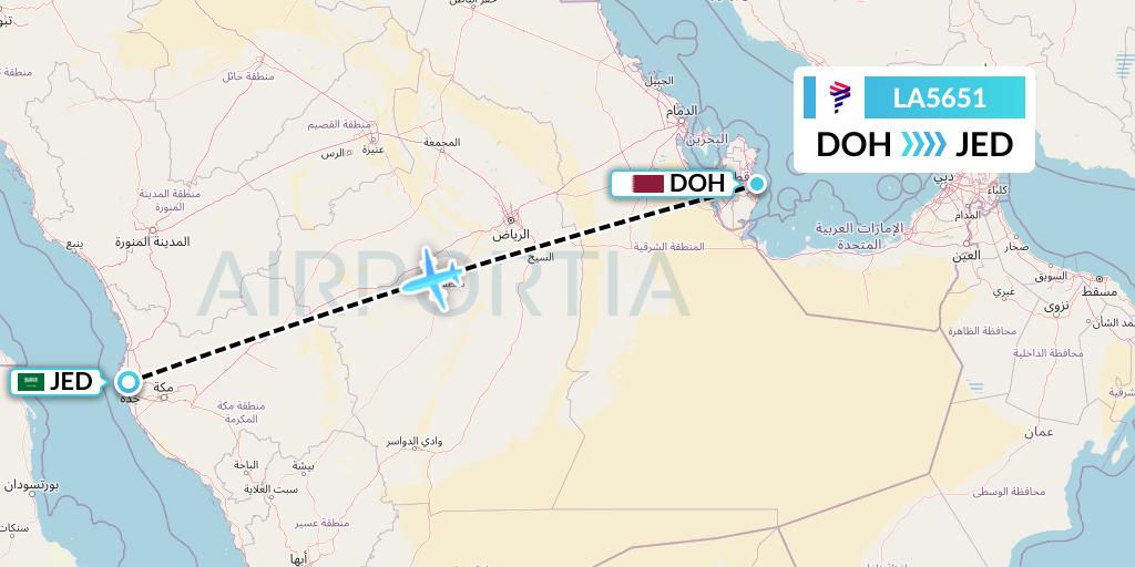 LA5651 LAN Airlines Flight Map: Doha to Jeddah