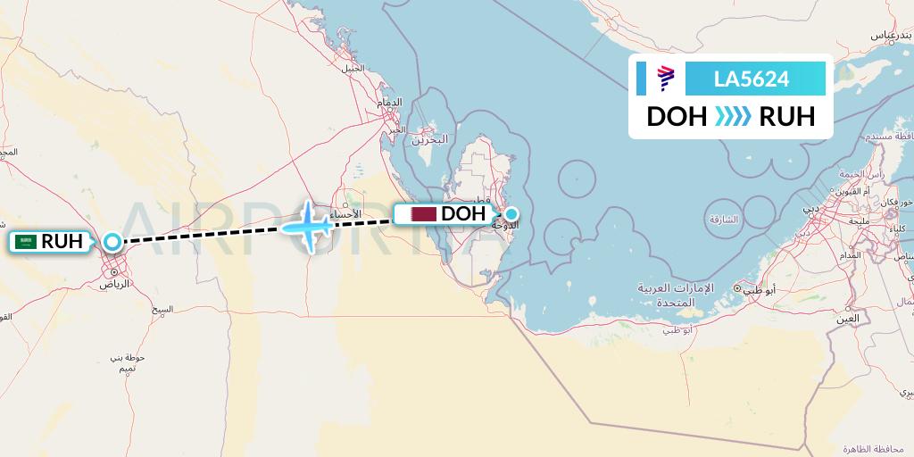 LA5624 LAN Airlines Flight Map: Doha to Riyadh