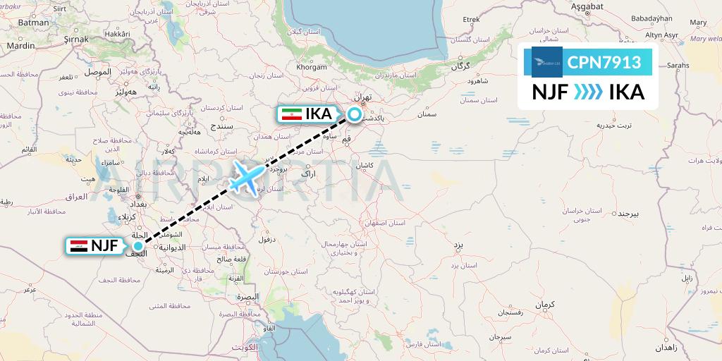 CPN7913 Caspian Airlines Flight Map: Najaf to Tehran