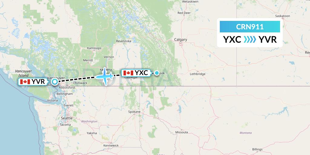 CRN911 Aerocaribbean Flight Map: Cranbrook to Vancouver