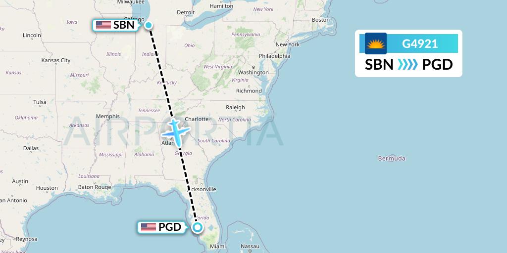 G4921 Allegiant Air Flight Map: South Bend to Punta Gorda