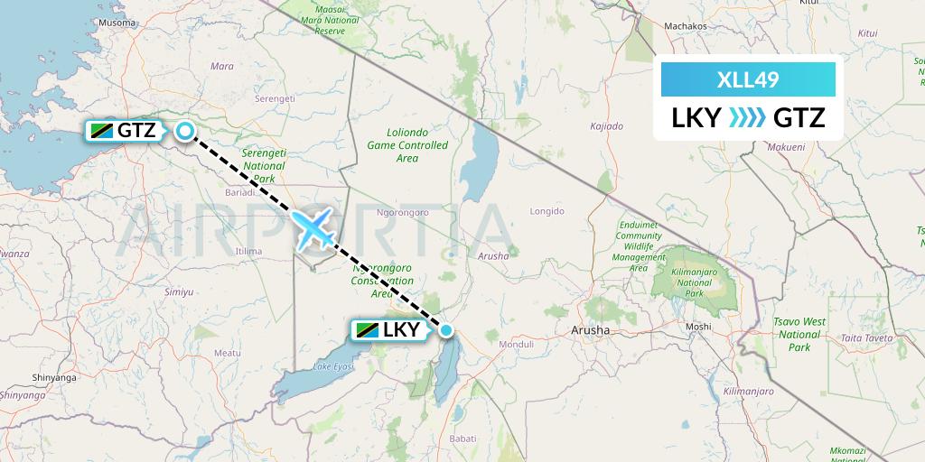 XLL49 Air Excel Flight Map: Lake Manyara National Park to Bunda
